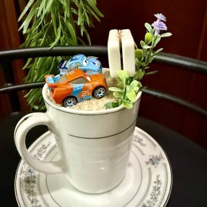 Racetrack-Dreams-Mug-Garden Cars racecar toy in sand with faux plant and road signs inside a tall mug garden.